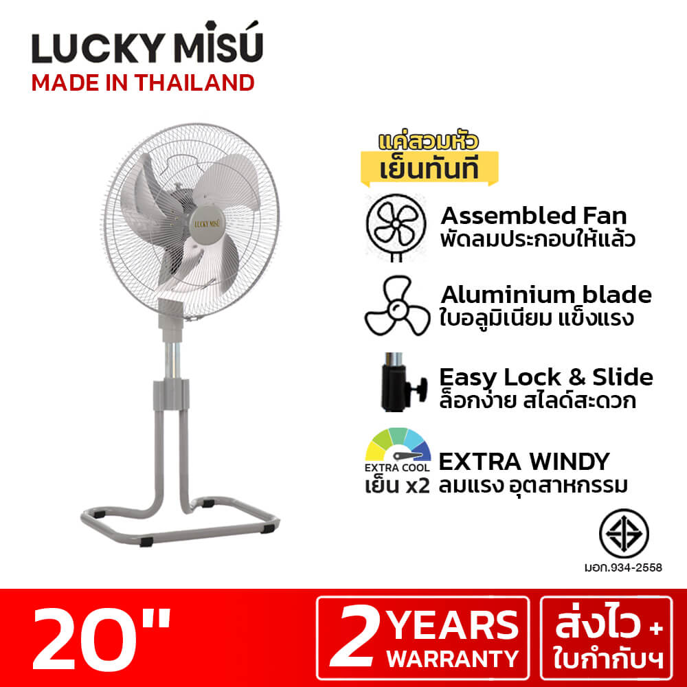 พัดลมอุตสาหกรรม 20 นิ้ว ลัคกี้มิตซู LM232 สีเทา ใบเงิน รุ่นขากบ พัดลมประกอบแล้ว